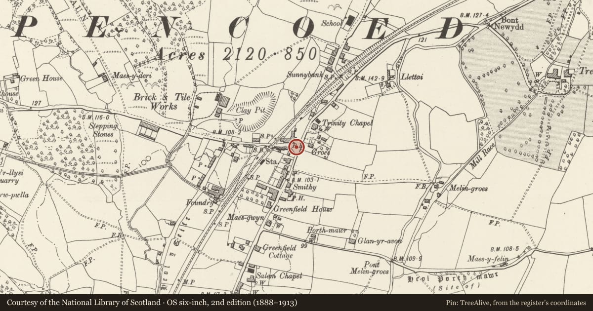 Ordnance Survey six-inch map, 2nd edition (1888–1913) covering the location of War Memorial and Railings, Pencoed, Bridgend, with a pin at the register's coordinates