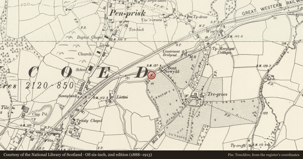 Ordnance Survey six-inch map, 2nd edition (1888–1913) covering the location of Bridge over Afon Ewenni, Pencoed, Bridgend, with a pin at the register's coordinates