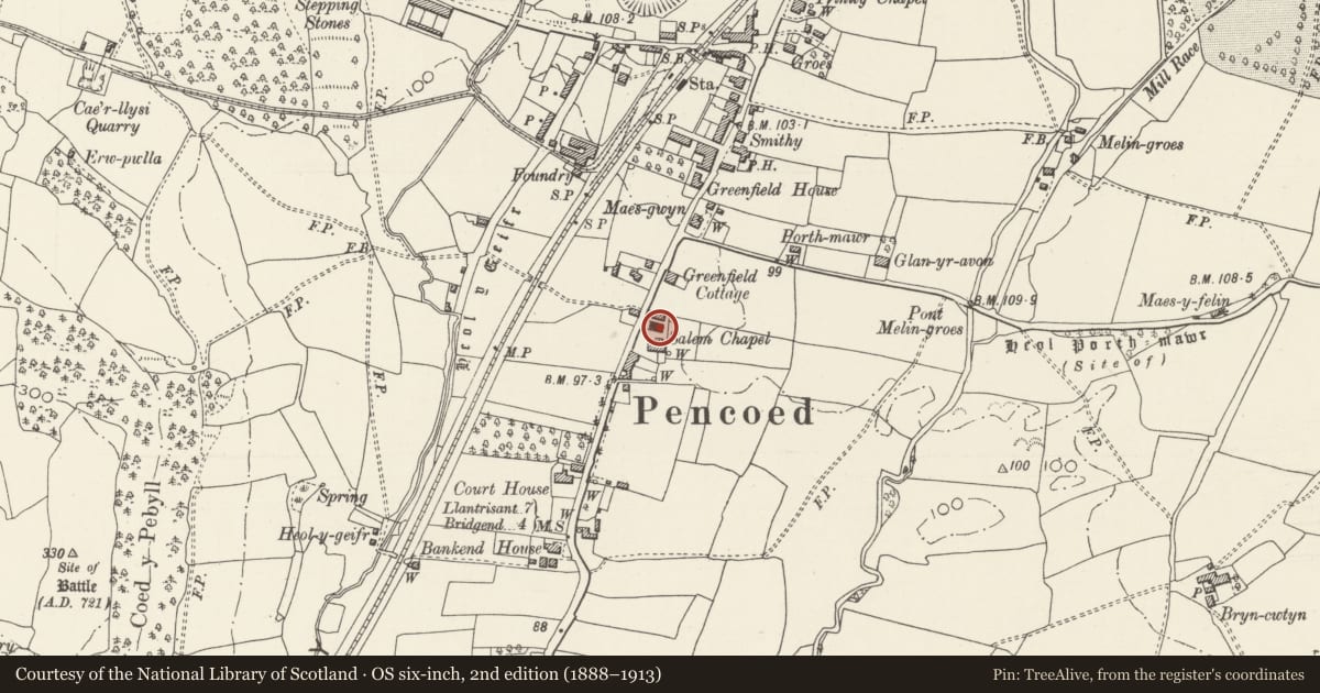 Ordnance Survey six-inch map, 2nd edition (1888–1913) covering the location of Salem Chapel, Pencoed, Bridgend, with a pin at the register's coordinates
