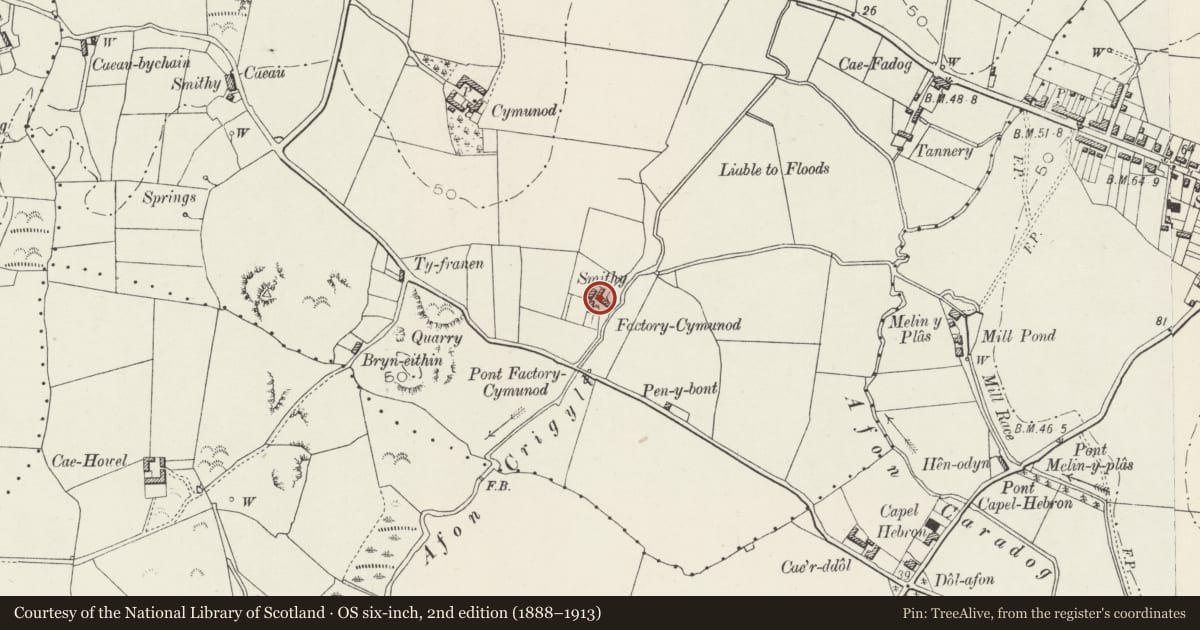 Ordnance Survey six-inch map, 2nd edition (1888–1913) covering the location of Pandy Cymunod, Bodedern, Isle of Anglesey, with a pin at the register's coordinates