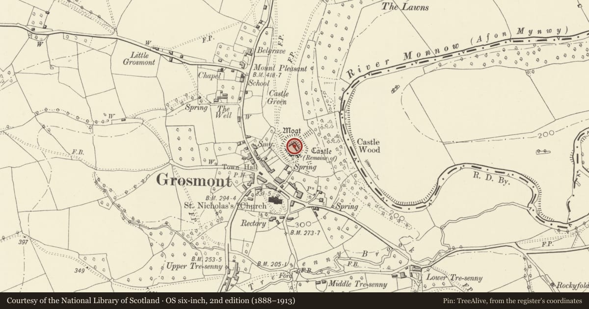 Ordnance Survey six-inch map, 2nd edition (1888–1913) covering the location of Grosmont Castle Ruins, Monmouthshire, with a pin at the register's coordinates