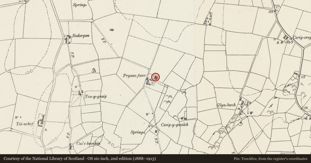 Ordnance Survey six-inch map, 2nd edition (1888–1913) covering the location of Cowhouse at Prysan-fawr, Bodedern, Isle of Anglesey, with a pin at the register's coordinates