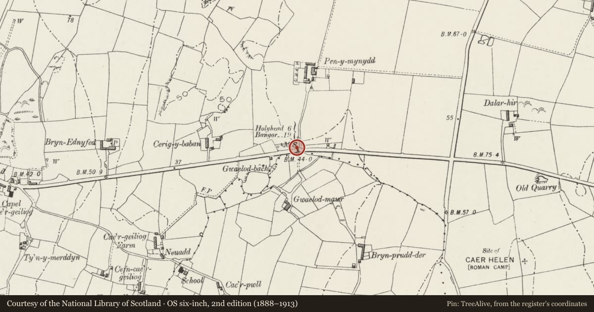 Ordnance Survey six-inch map, 2nd edition (1888–1913) covering the location of Telford Milestone (6), Bodedern, Isle of Anglesey, with a pin at the register's coordinates