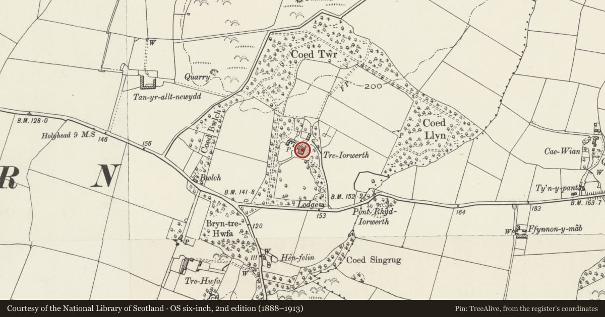 Ordnance Survey six-inch map, 2nd edition (1888–1913) covering the location of Tre Iorwerth, Bodedern, Isle of Anglesey, with a pin at the register's coordinates