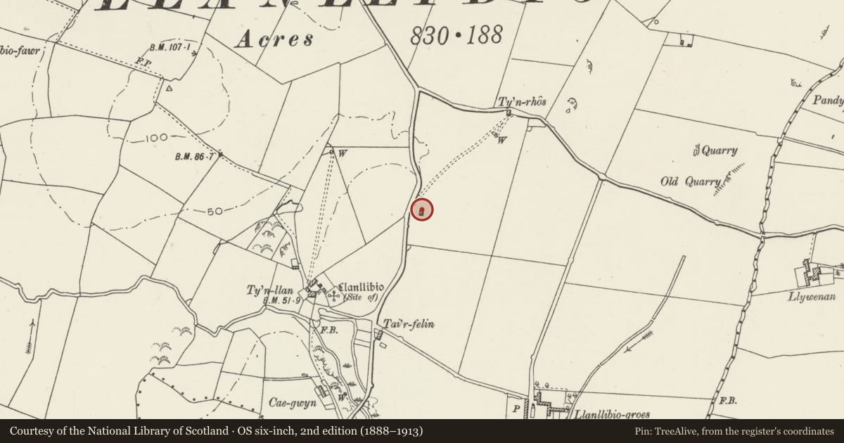 Ordnance Survey six-inch map, 2nd edition (1888–1913) covering the location of Field Barn, SW of Tyn Rhos, Bodedern, Isle of Anglesey, with a pin at the register's coordinates