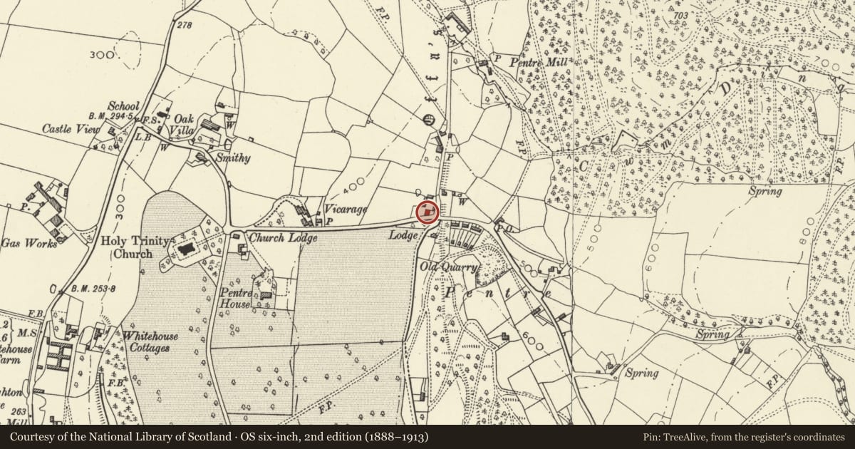 Ordnance Survey six-inch map, 2nd edition (1888–1913) covering the location of Pentre Farm, Forden with Leighton and Trelystan, Powys, with a pin at the register's coordinates