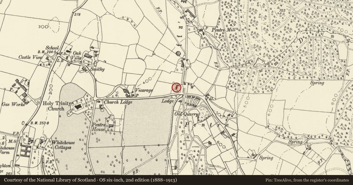 Ordnance Survey six-inch map, 2nd edition (1888–1913) covering the location of Pentre Farm Byre and Cart Shed, Forden with Leighton and Trelystan, Powys, with a pin at the register's coordinates