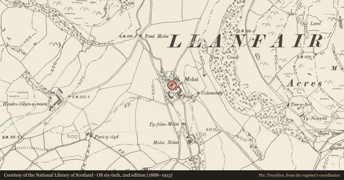 Ordnance Survey six-inch map, 2nd edition (1888–1913) covering the location of Bridge immediately SW of Melai, Llanfair Talhaiarn, Conwy, with a pin at the register's coordinates