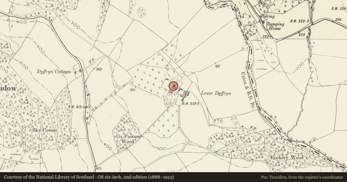 Ordnance Survey six-inch map, 2nd edition (1888–1913) covering the location of Lower Dyffryn House, Grosmont, Monmouthshire, with a pin at the register's coordinates