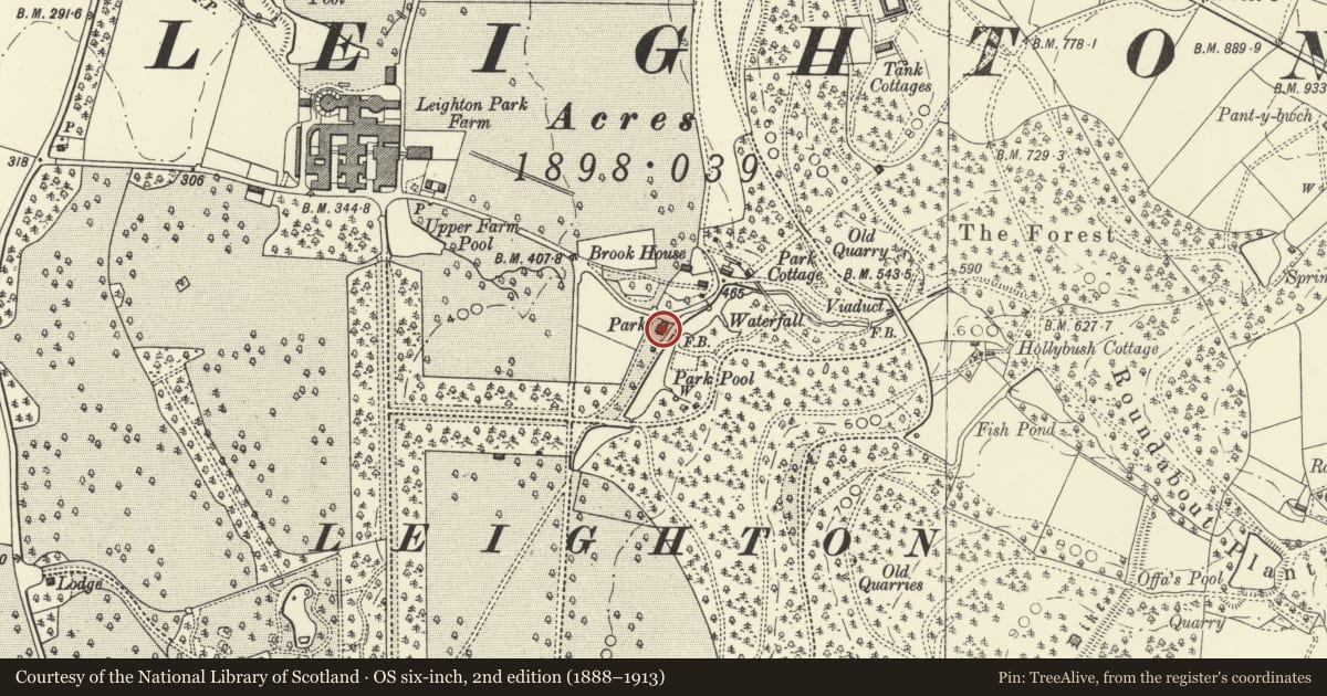 Ordnance Survey six-inch map, 2nd edition (1888–1913) covering the location of Park House, Forden with Leighton and Trelystan, Powys, with a pin at the register's coordinates