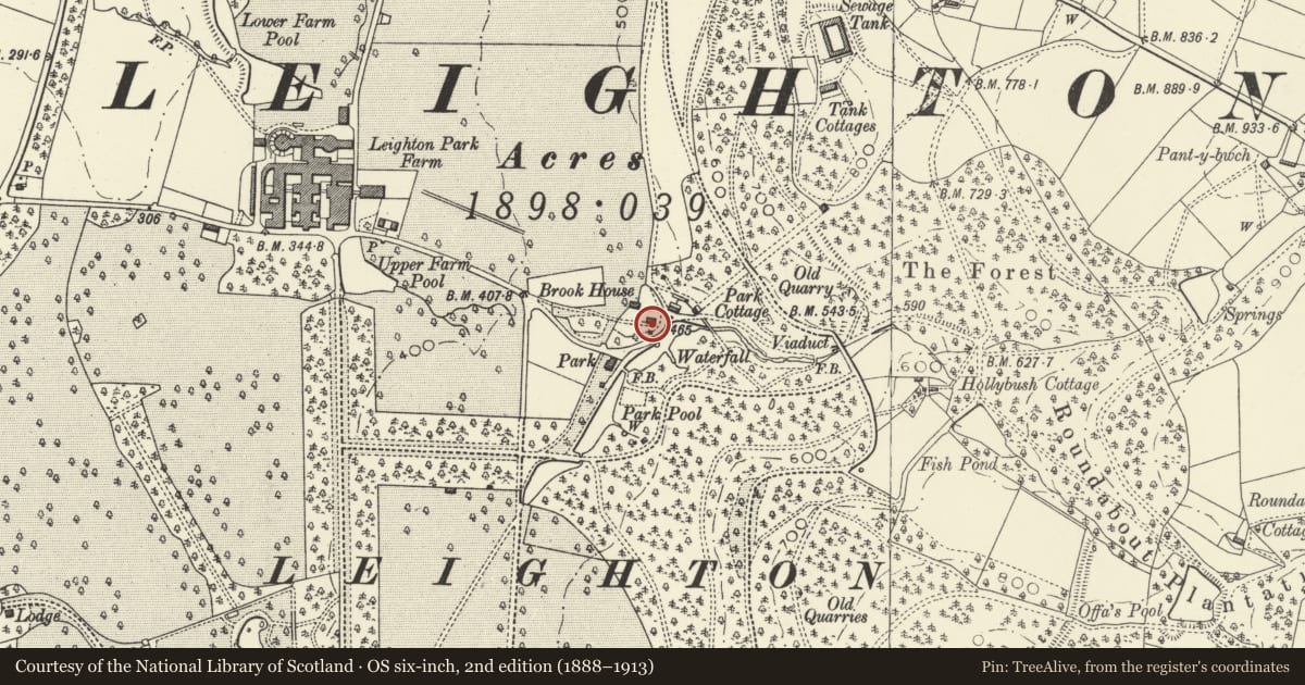 Ordnance Survey six-inch map, 2nd edition (1888–1913) covering the location of Brook House, Forden with Leighton and Trelystan, Powys, with a pin at the register's coordinates