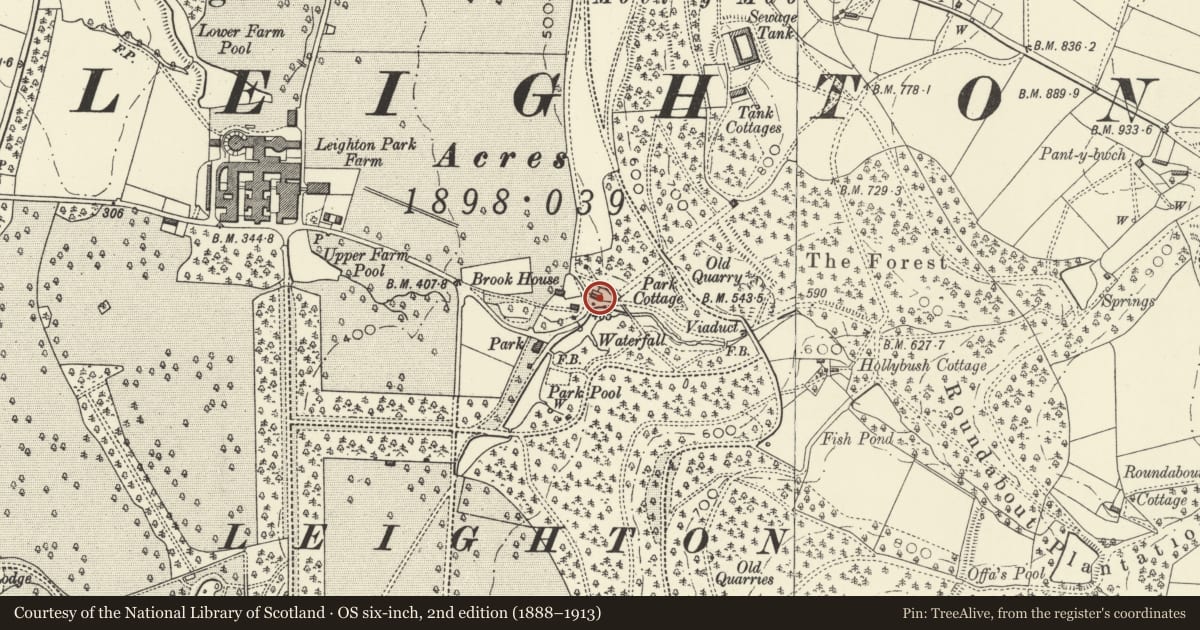 Ordnance Survey six-inch map, 2nd edition (1888–1913) covering the location of Park Cottage, Forden with Leighton and Trelystan, Powys, with a pin at the register's coordinates