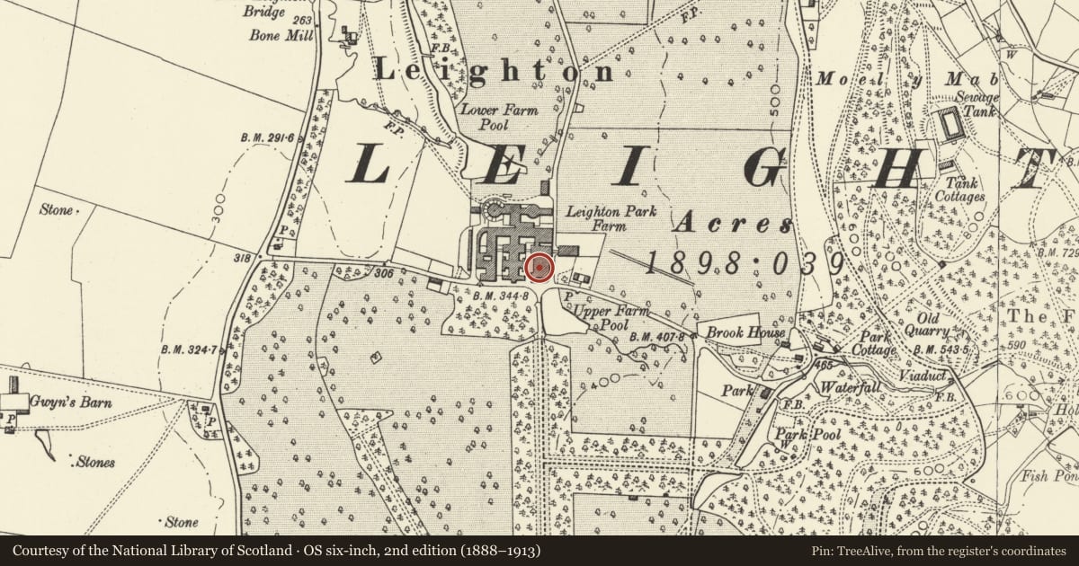 Ordnance Survey six-inch map, 2nd edition (1888–1913) covering the location of Cart Shed, Leighton Farm, Forden with Leighton and Trelystan, Powys, with a pin at the register's coordinates