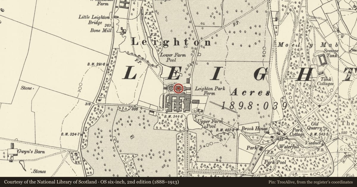 Ordnance Survey six-inch map, 2nd edition (1888–1913) covering the location of Mill and Tank House, Leighton Farm, Forden with Leighton and Trelystan, Powys, with a pin at the register's coordinates