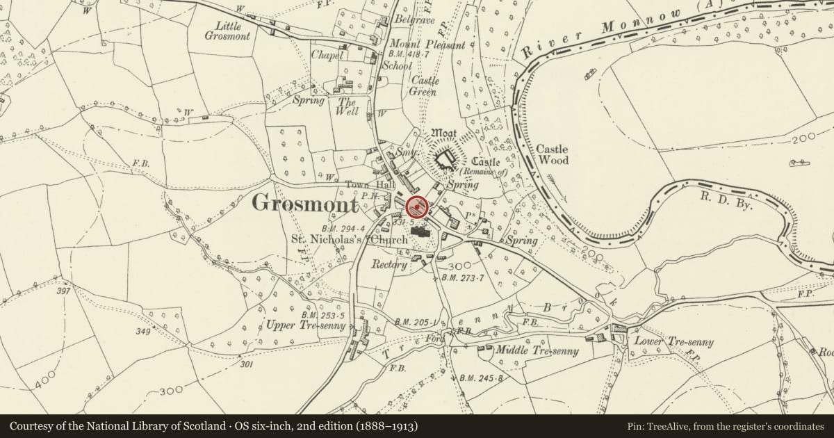 Ordnance Survey six-inch map, 2nd edition (1888–1913) covering the location of Gentle Jane, Grosmont, Monmouthshire, with a pin at the register's coordinates
