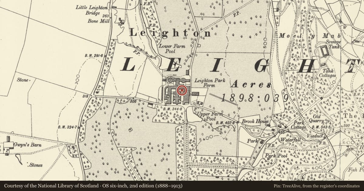 Ordnance Survey six-inch map, 2nd edition (1888–1913) covering the location of Stockyard I, Leighton Farm, Forden with Leighton and Trelystan, Powys, with a pin at the register's coordinates