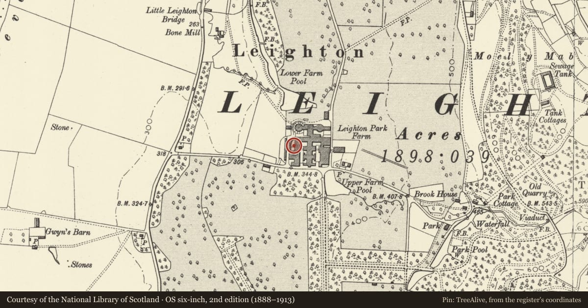 Ordnance Survey six-inch map, 2nd edition (1888–1913) covering the location of Stockyard III, Leighton Farm, Forden with Leighton and Trelystan, Powys, with a pin at the register's coordinates