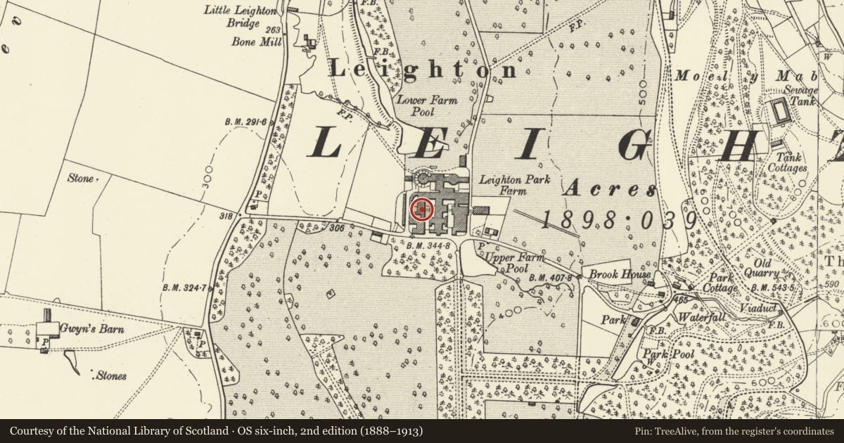 Ordnance Survey six-inch map, 2nd edition (1888–1913) covering the location of Hay Storage Building, Leighton Farm, Forden with Leighton and Trelystan, Powys, with a pin at the register's coordinates
