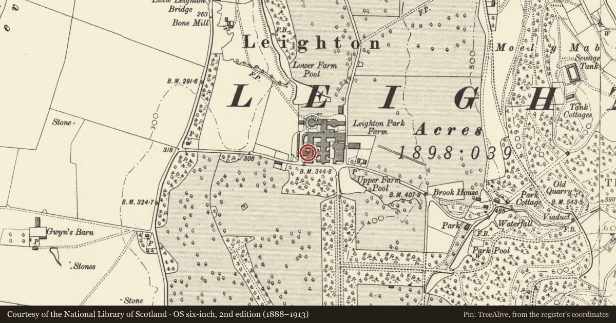Ordnance Survey six-inch map, 2nd edition (1888–1913) covering the location of Former Office and Stock Houses N of Poolton and Gortheur, Leighton Farm, Forden with Leighton and Trelystan, Powys, with a pin at the register's coordinates