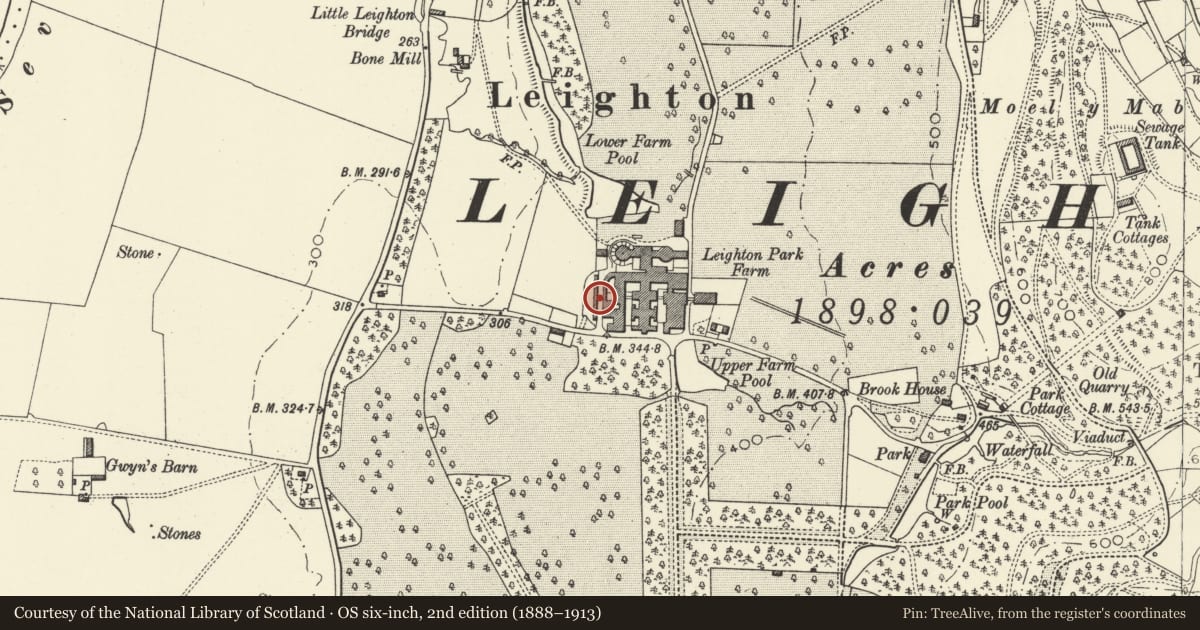 Ordnance Survey six-inch map, 2nd edition (1888–1913) covering the location of West Stockhouse, Leighton Farm, Forden with Leighton and Trelystan, Powys, with a pin at the register's coordinates
