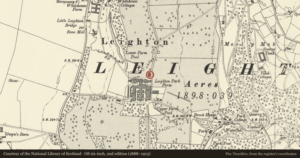 Ordnance Survey six-inch map, 2nd edition (1888–1913) covering the location of Leigh and Glanllyn, Forden with Leighton and Trelystan, Powys, with a pin at the register's coordinates