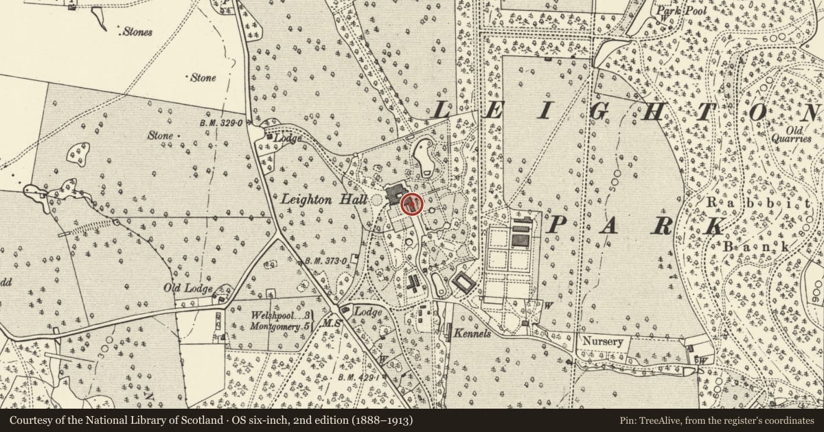 Ordnance Survey six-inch map, 2nd edition (1888–1913) covering the location of Leighton Hall Tower, Forden with Leighton and Trelystan, Powys, with a pin at the register's coordinates