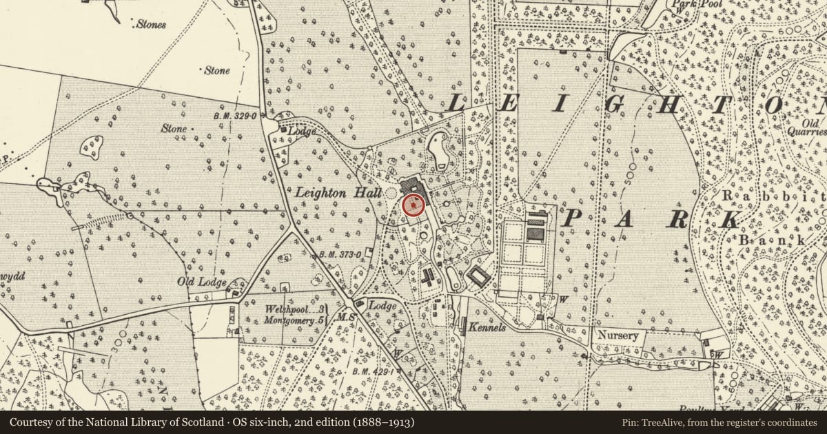 Ordnance Survey six-inch map, 2nd edition (1888–1913) covering the location of Library Garden, Leighton Hall, Forden with Leighton and Trelystan, Powys, with a pin at the register's coordinates