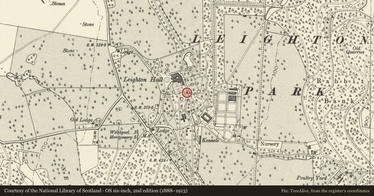 Ordnance Survey six-inch map, 2nd edition (1888–1913) covering the location of Boundary wall S of Leighton Hall Tower, Forden with Leighton and Trelystan, Powys, with a pin at the register's coordinates