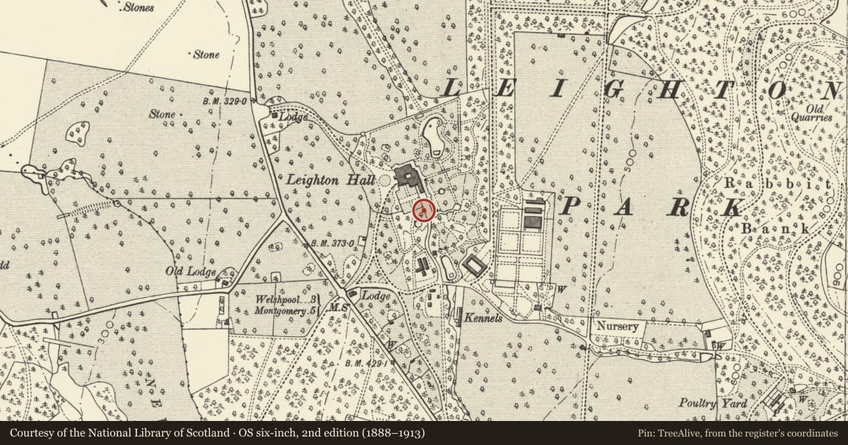 Ordnance Survey six-inch map, 2nd edition (1888–1913) covering the location of Wall attached to Library Garden wall at Leighton Hall, Forden with Leighton and Trelystan, Powys, with a pin at the register's coordinates
