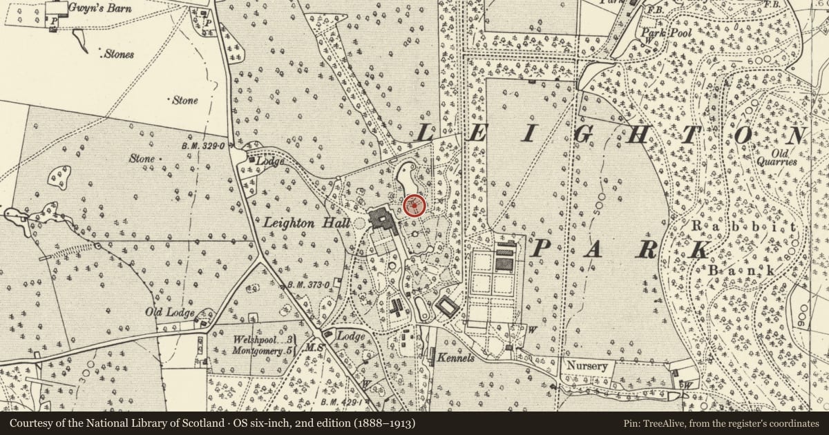 Ordnance Survey six-inch map, 2nd edition (1888–1913) covering the location of Arbour at Leighton Hall, Forden with Leighton and Trelystan, Powys, with a pin at the register's coordinates