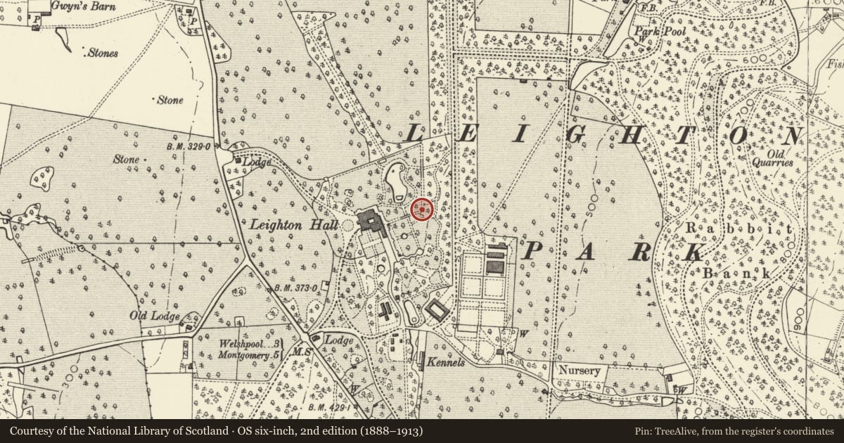 Ordnance Survey six-inch map, 2nd edition (1888–1913) covering the location of Cascade at Leighton Hall, Forden with Leighton and Trelystan, Powys, with a pin at the register's coordinates