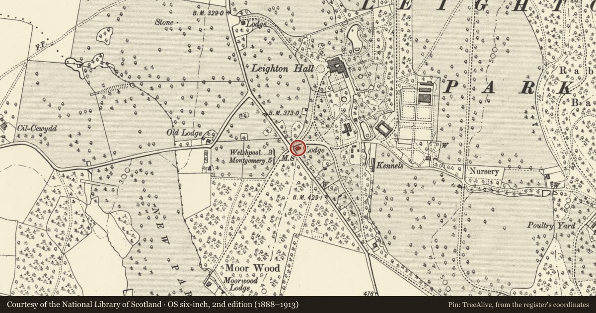 Ordnance Survey six-inch map, 2nd edition (1888–1913) covering the location of Back Lodge, Forden with Leighton and Trelystan, Powys, with a pin at the register's coordinates