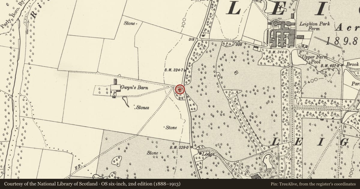 Ordnance Survey six-inch map, 2nd edition (1888–1913) covering the location of The Hawys, Forden with Leighton and Trelystan, Powys, with a pin at the register's coordinates