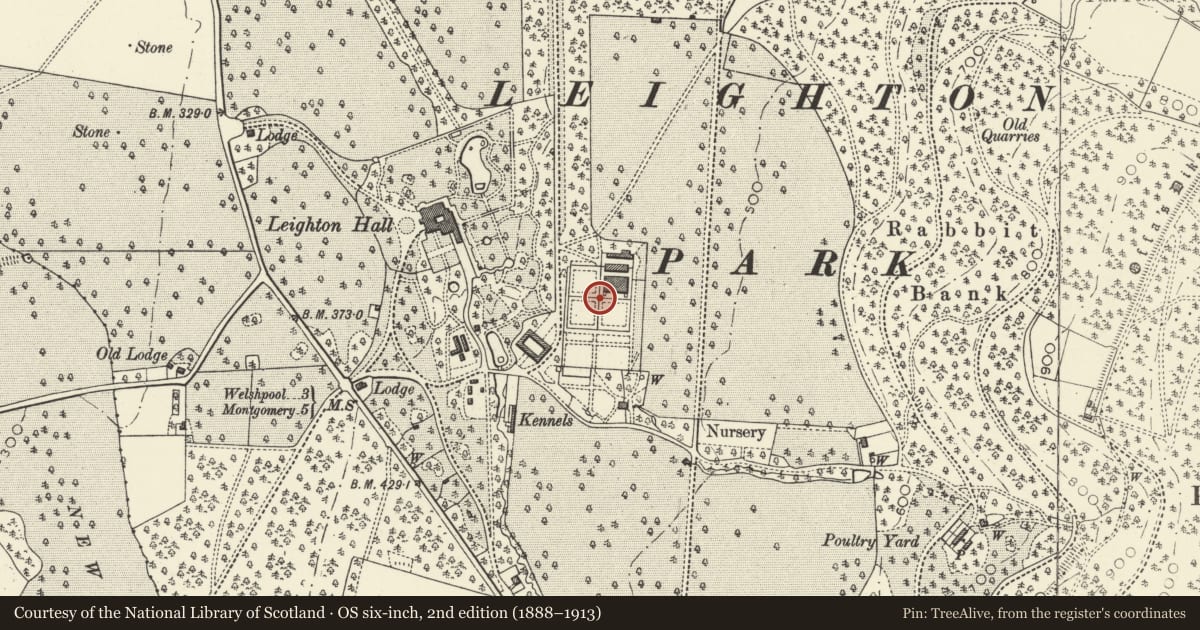Ordnance Survey six-inch map, 2nd edition (1888–1913) covering the location of Bothy Garden, Forden with Leighton and Trelystan, Powys, with a pin at the register's coordinates