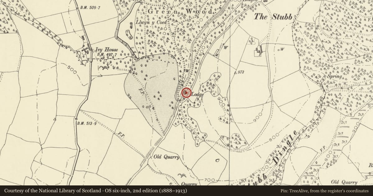 Ordnance Survey six-inch map, 2nd edition (1888–1913) covering the location of Greenwood Lodge, Forden with Leighton and Trelystan, Powys, with a pin at the register's coordinates