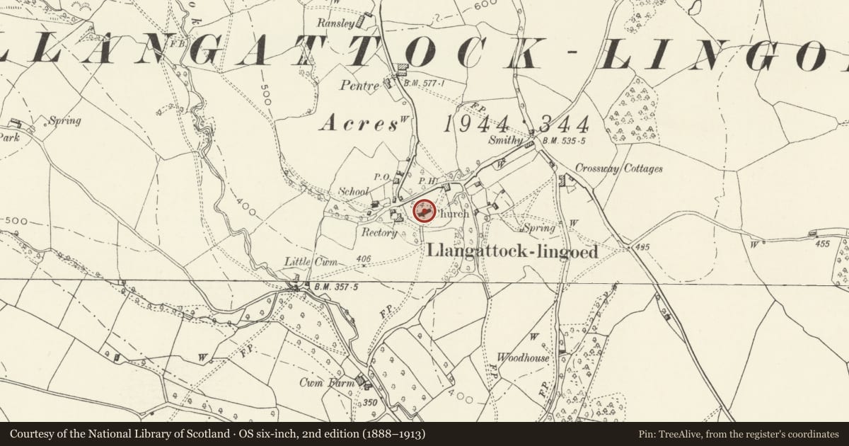 Ordnance Survey six-inch map, 2nd edition (1888–1913) covering the location of Church of St Cadoc, Grosmont, Monmouthshire, with a pin at the register's coordinates
