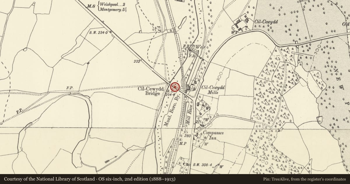 Ordnance Survey six-inch map, 2nd edition (1888–1913) covering the location of Cil-cewydd Bridge, Forden with Leighton and Trelystan, Powys, with a pin at the register's coordinates