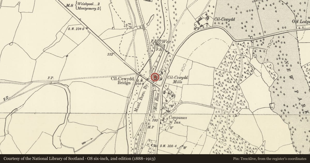 Ordnance Survey six-inch map, 2nd edition (1888–1913) covering the location of Cil-cewydd Corn Mill, Forden with Leighton and Trelystan, Powys, with a pin at the register's coordinates