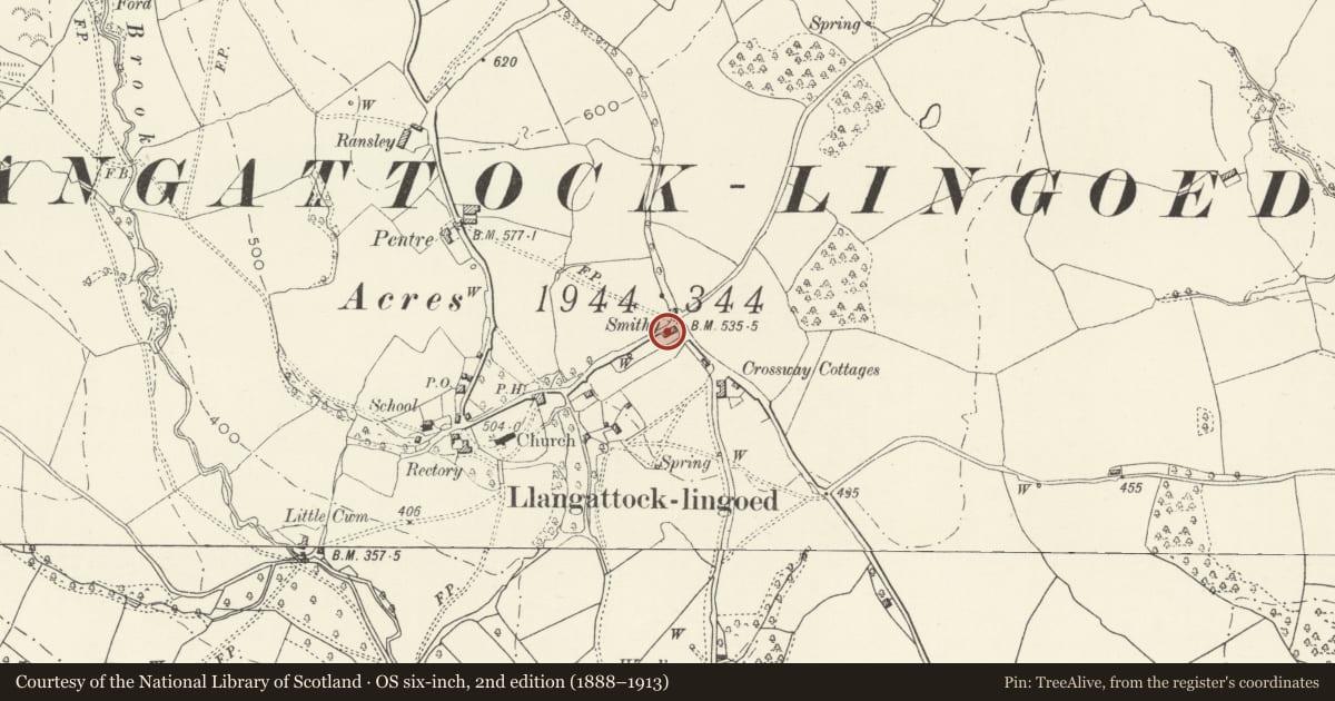 Ordnance Survey six-inch map, 2nd edition (1888–1913) covering the location of Old Forge House, Grosmont, Monmouthshire, with a pin at the register's coordinates