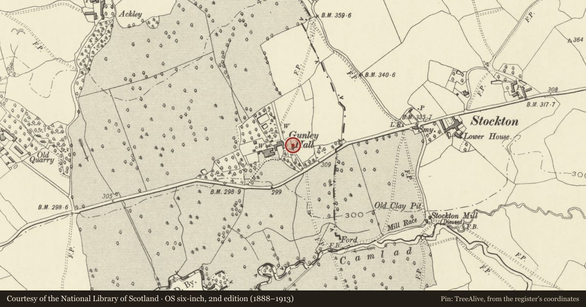 Ordnance Survey six-inch map, 2nd edition (1888–1913) covering the location of Dovecote at Gunley Hall, Forden with Leighton and Trelystan, Powys, with a pin at the register's coordinates
