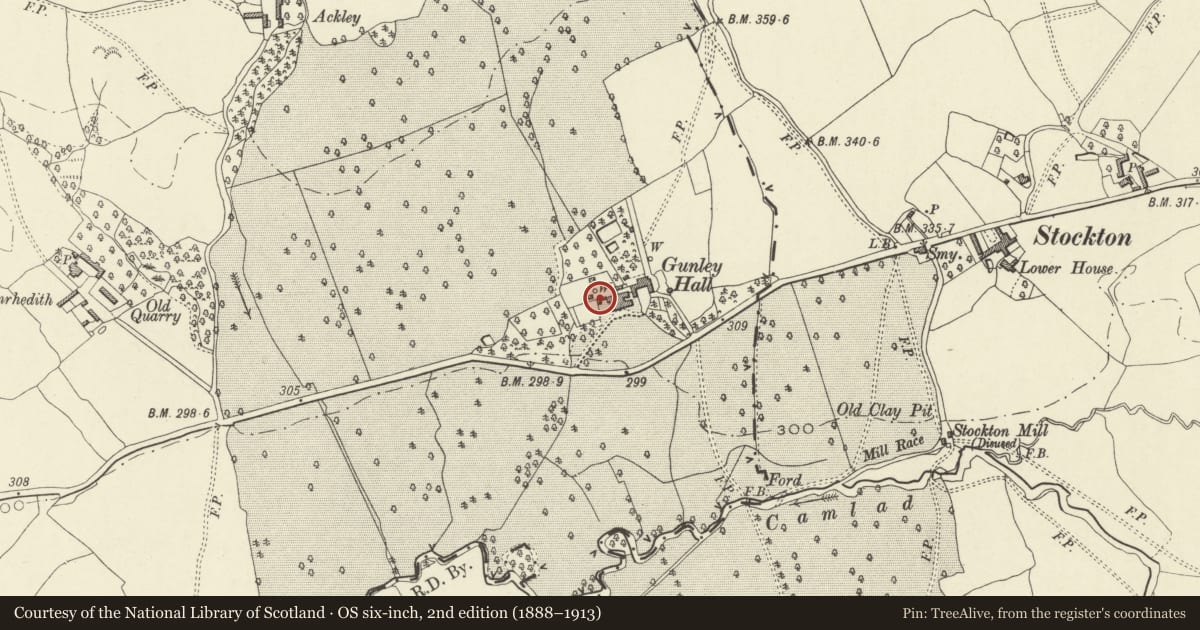 Ordnance Survey six-inch map, 2nd edition (1888–1913) covering the location of Gazebo at Gunley Hall, Forden with Leighton and Trelystan, Powys, with a pin at the register's coordinates