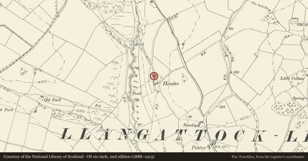 Ordnance Survey six-inch map, 2nd edition (1888–1913) covering the location of The Hendre Farmhouse, Grosmont, Monmouthshire, with a pin at the register's coordinates