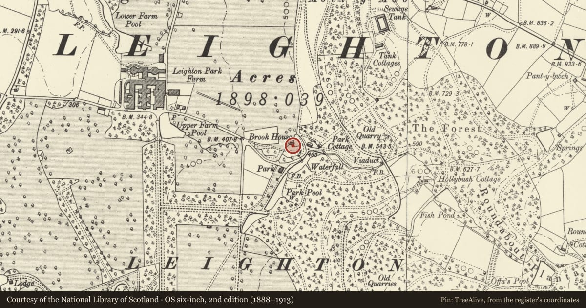 Ordnance Survey six-inch map, 2nd edition (1888–1913) covering the location of Brook House Tank, Forden with Leighton and Trelystan, Powys, with a pin at the register's coordinates