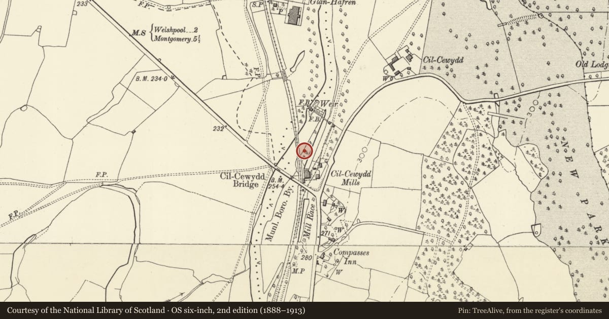 Ordnance Survey six-inch map, 2nd edition (1888–1913) covering the location of Workman's Hut, Forden with Leighton and Trelystan, Powys, with a pin at the register's coordinates