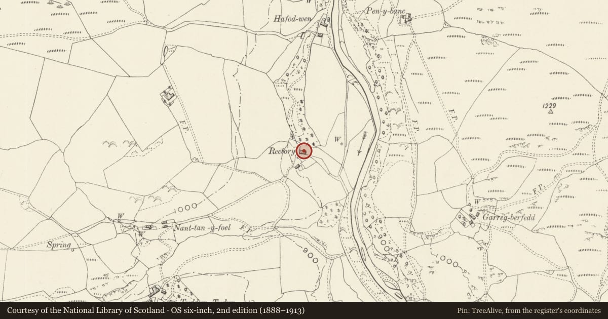 Ordnance Survey six-inch map, 2nd edition (1888–1913) covering the location of The Old Rectory also known as Pennant, Llanfihangel Glyn Myfyr, Conwy, with a pin at the register's coordinates