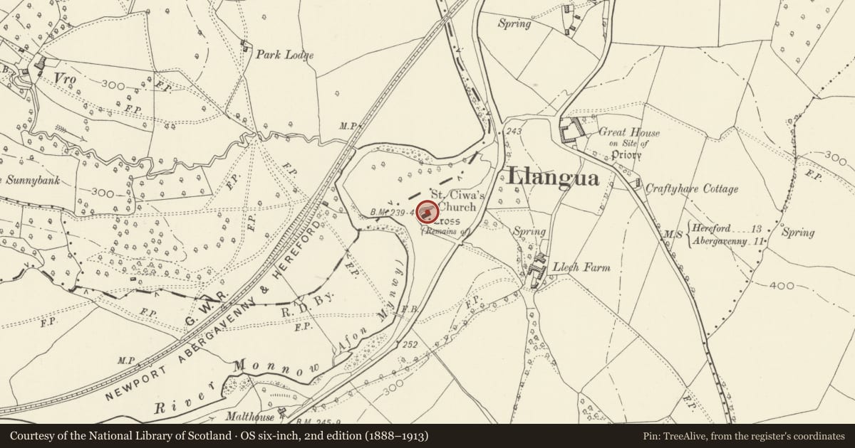 Ordnance Survey six-inch map, 2nd edition (1888–1913) covering the location of Church of St James, Grosmont, Monmouthshire, with a pin at the register's coordinates