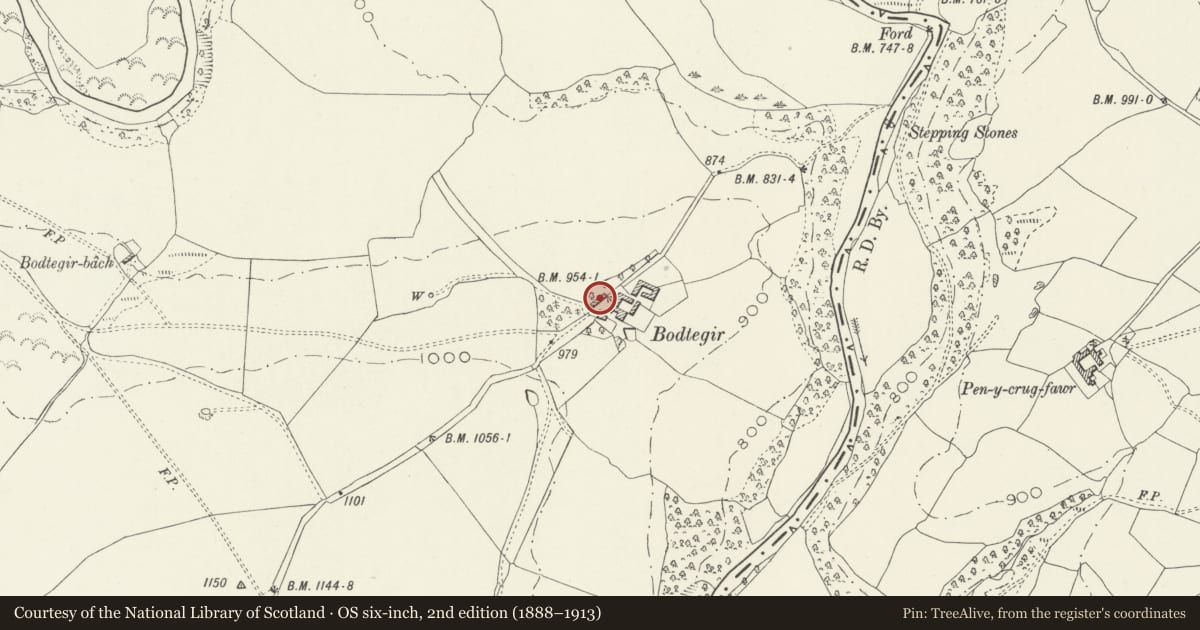 Ordnance Survey six-inch map, 2nd edition (1888–1913) covering the location of Carthouse/Granary at Bodtegir, Llanfihangel Glyn Myfyr, Conwy, with a pin at the register's coordinates