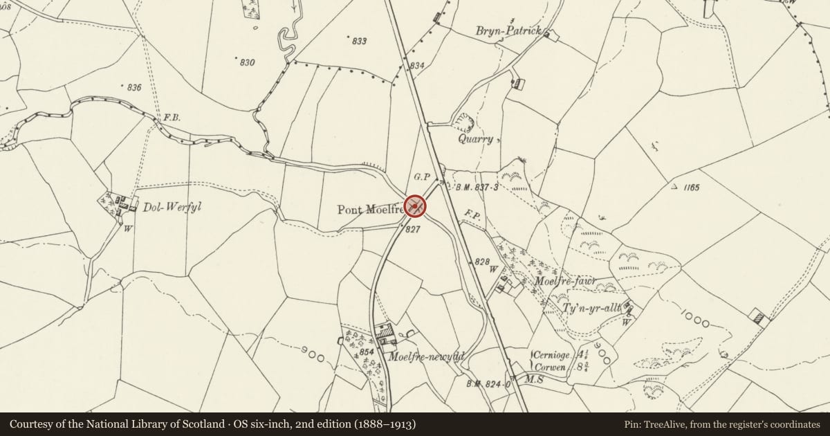 Ordnance Survey six-inch map, 2nd edition (1888–1913) covering the location of Pont Moelfre, Llangwm, Conwy, with a pin at the register's coordinates