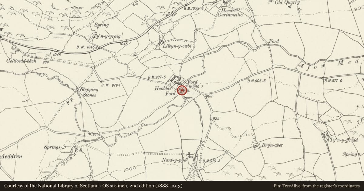 Ordnance Survey six-inch map, 2nd edition (1888–1913) covering the location of Pont yr Henblas, Llangwm, Conwy, with a pin at the register's coordinates