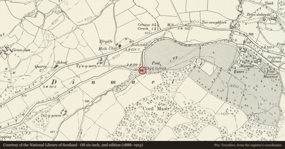 Ordnance Survey six-inch map, 2nd edition (1888–1913) covering the location of Pont Rhyd-llefrith, Llangwm, Conwy, with a pin at the register's coordinates